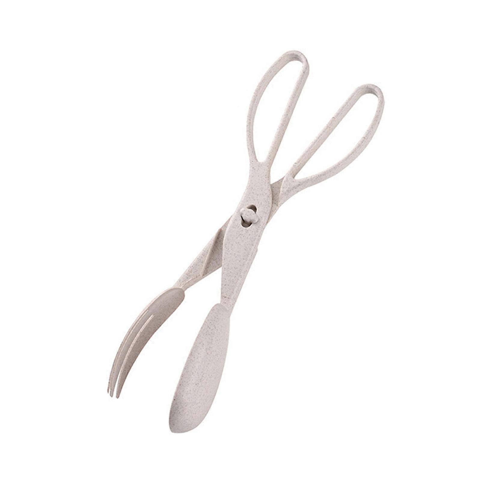 Multiuse Cooking Salad Scissor Tongs With Fork And Spoon Heat Resistant Grip For Grilling Baking Serving Utensils Tool  Wheat Straw Color