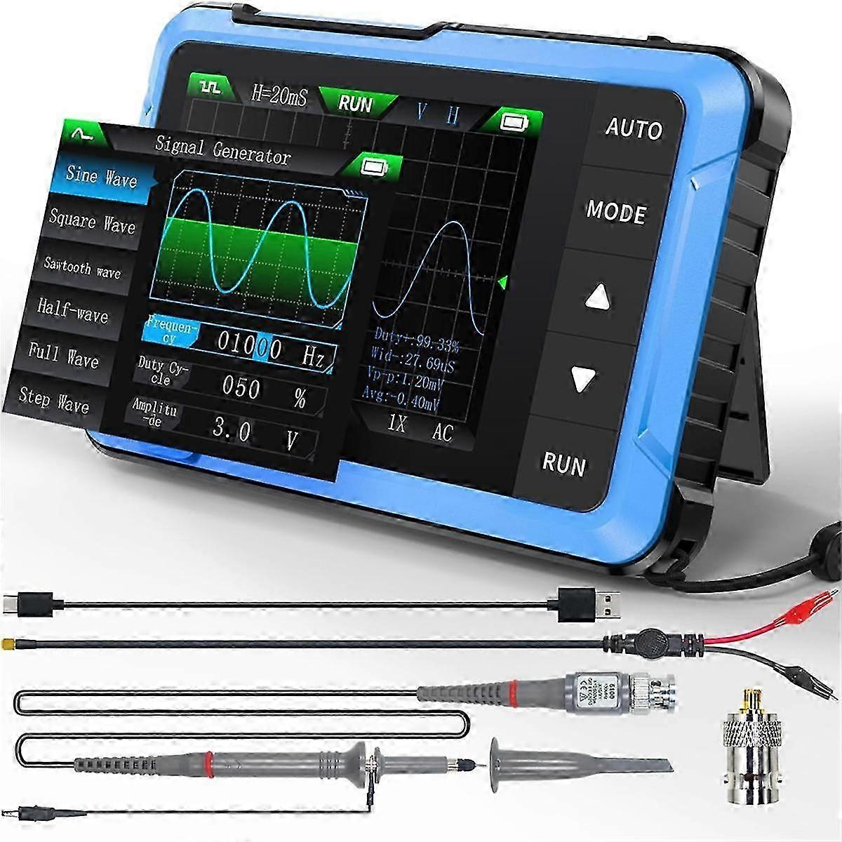 Oscilloskop/DDS-signalgenerator 2-i-1, 2,8-tommers TFT, 10 MHz båndbredde, 48 MS/S samplingsfrekvens, triggerfunksjon Auto/Normal szrh21