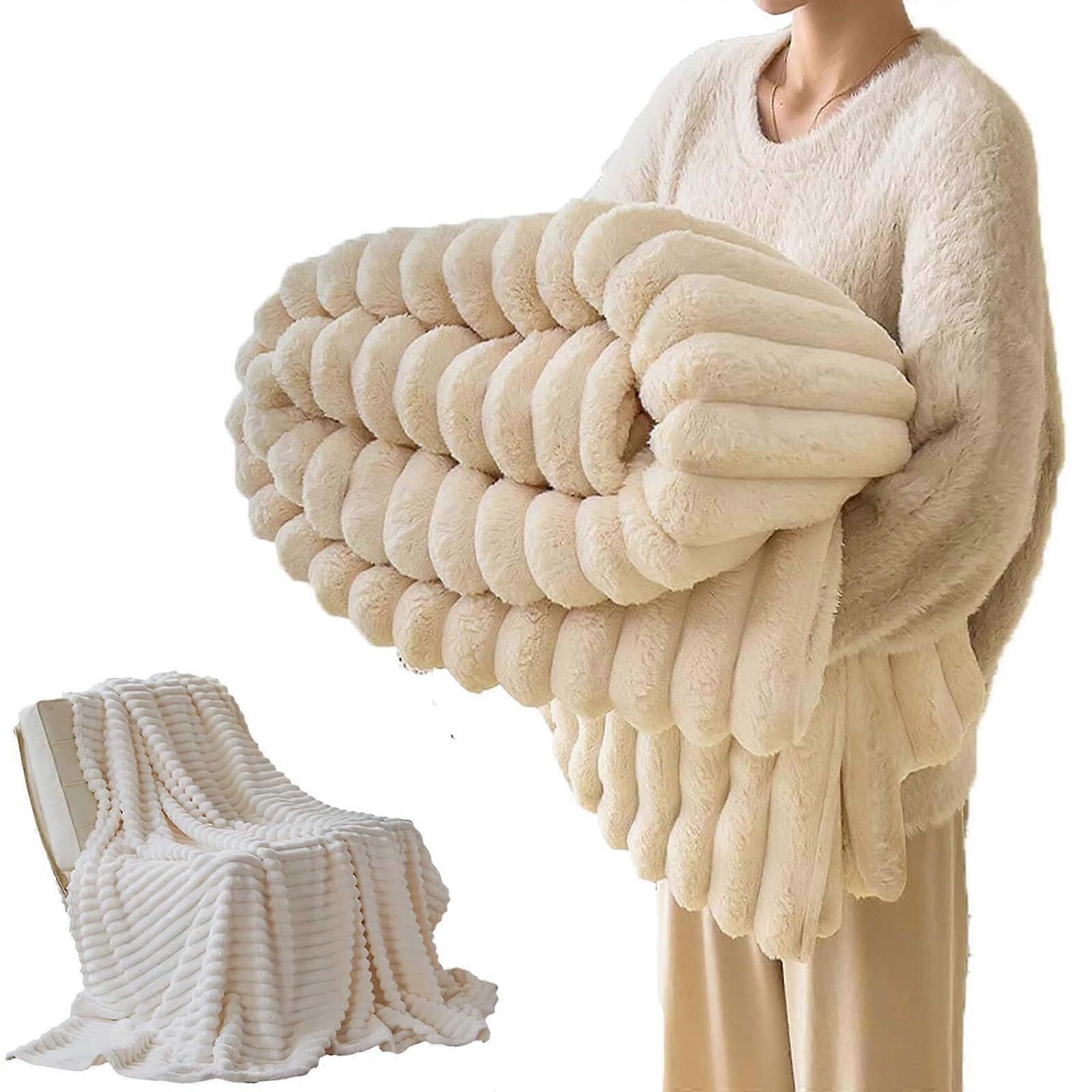 Plush Throw Blanket Cream 71x79in Ultra Soft Dual Layer Flannel Velvet for Bed Sofa Winter Warmth