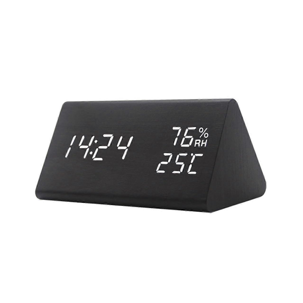 LED Wooden Alarm Clock with Temperature Display, Sound Activated Digital Desk Clock, Black Wood