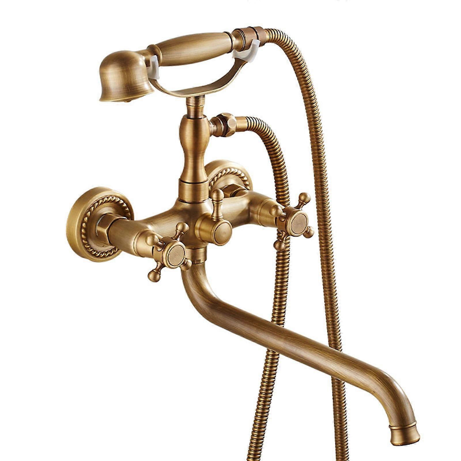 Vintage Brass Wall Mounted Bath Mixer Tap with Hand Shower, Double Cross Handle, 180° Rotation