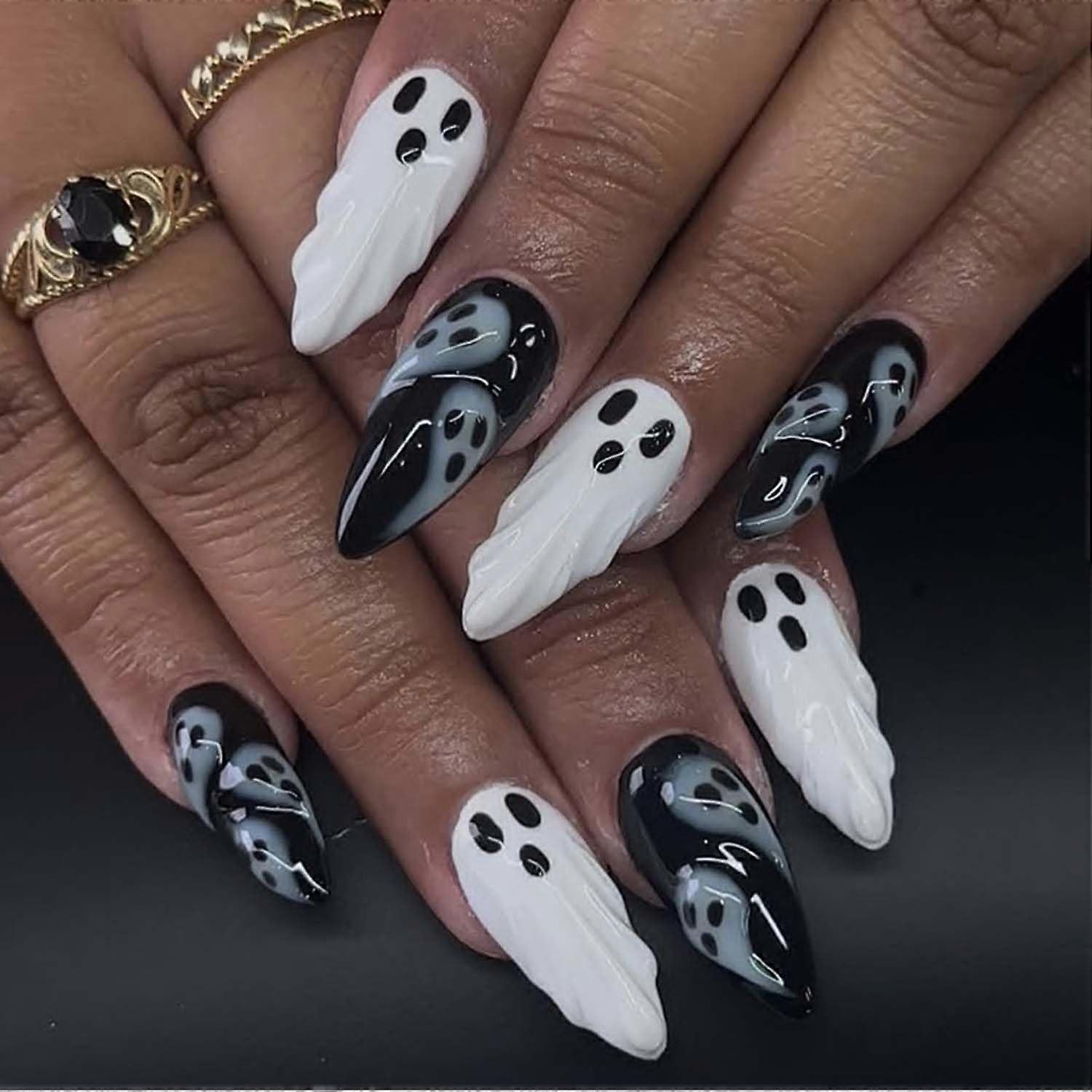 Halloween Press On Nails 30PCS 3D Floating Ghost Almond Shape Black and White Reusable False Nails