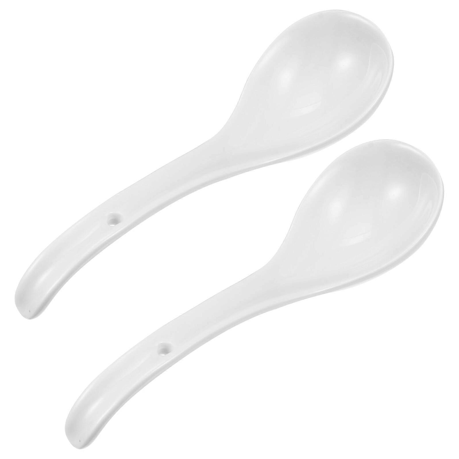 2pcs White Ceramic Soup Spoons with Ergonomic Handle for Kitchen Dessert and Home Use