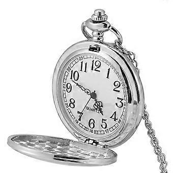 Classic analog quartz pocket watch with silver pendant and chain.