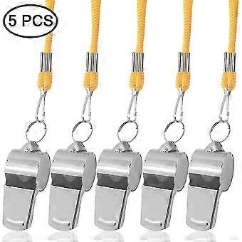 5 Pack Stainless Steel Whistle With Yellow Lanyard For Referee, Coach, Survival, Emergency, Soccer