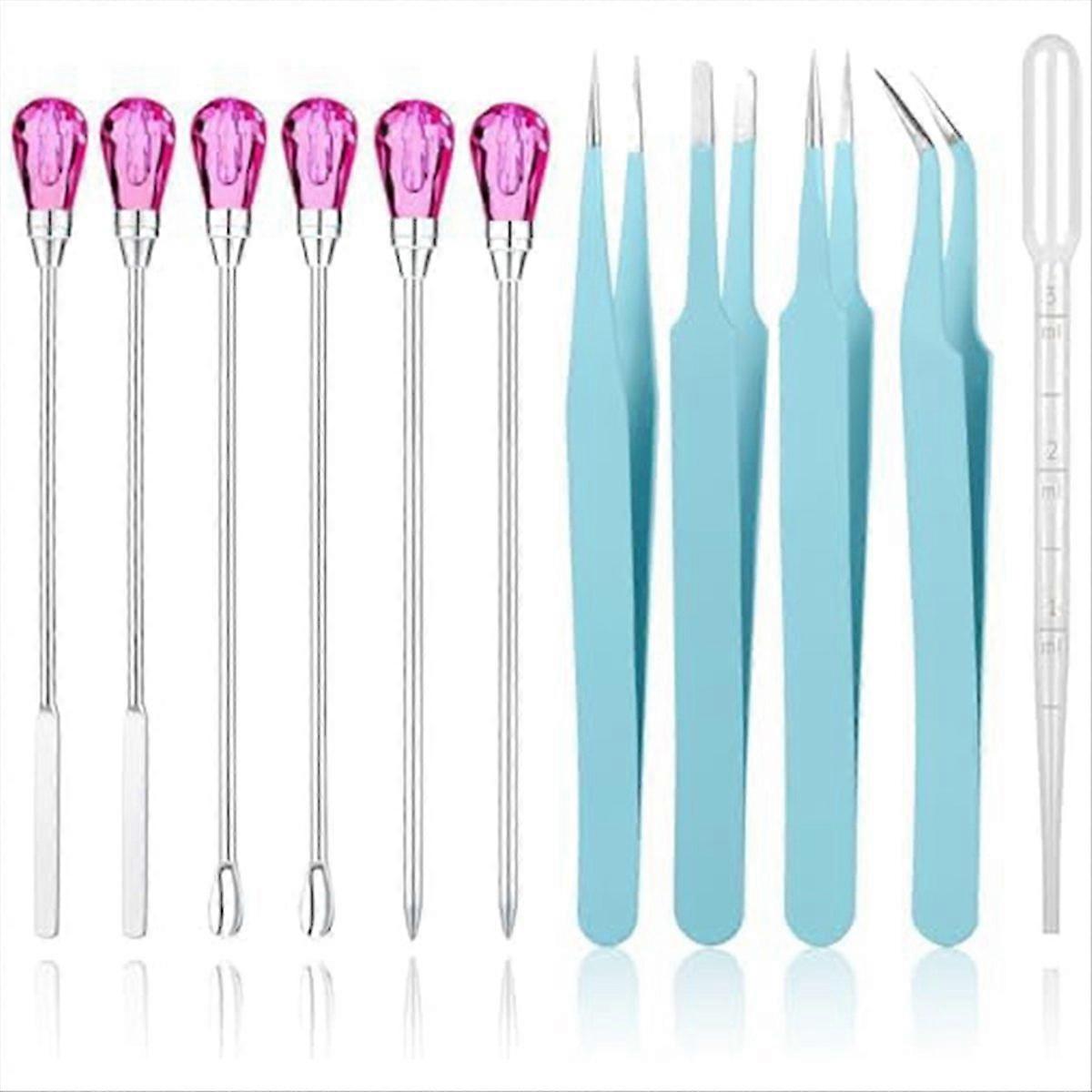 11 Pcs Resin Mold Tools Set Stirring Needle Spoon Tool(Cyan+Rose Red)