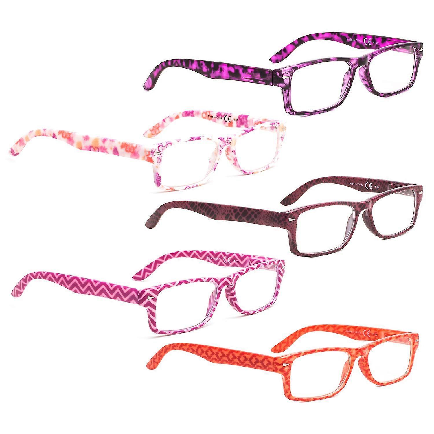 Reading Glasses 5 Pack Patterned Rectangular +0.75x Magnifying Lens for Wide Scene Capture