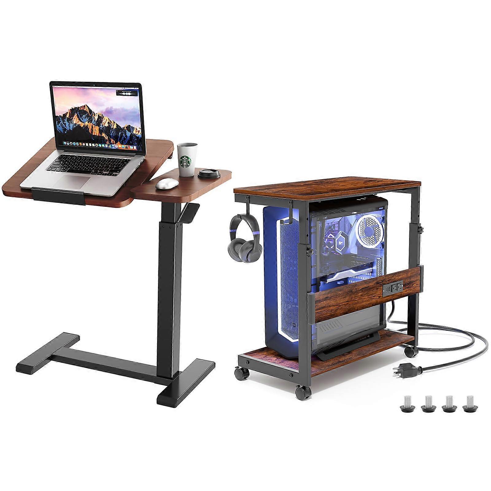 Height Adjustable Computer Tower Stand with Charging Station and Pneumatic Lift Overbed Table