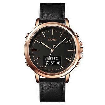 Sportief herenhorloge van leer en legering, kleur: roségoud, kast met zwart uurwerk.