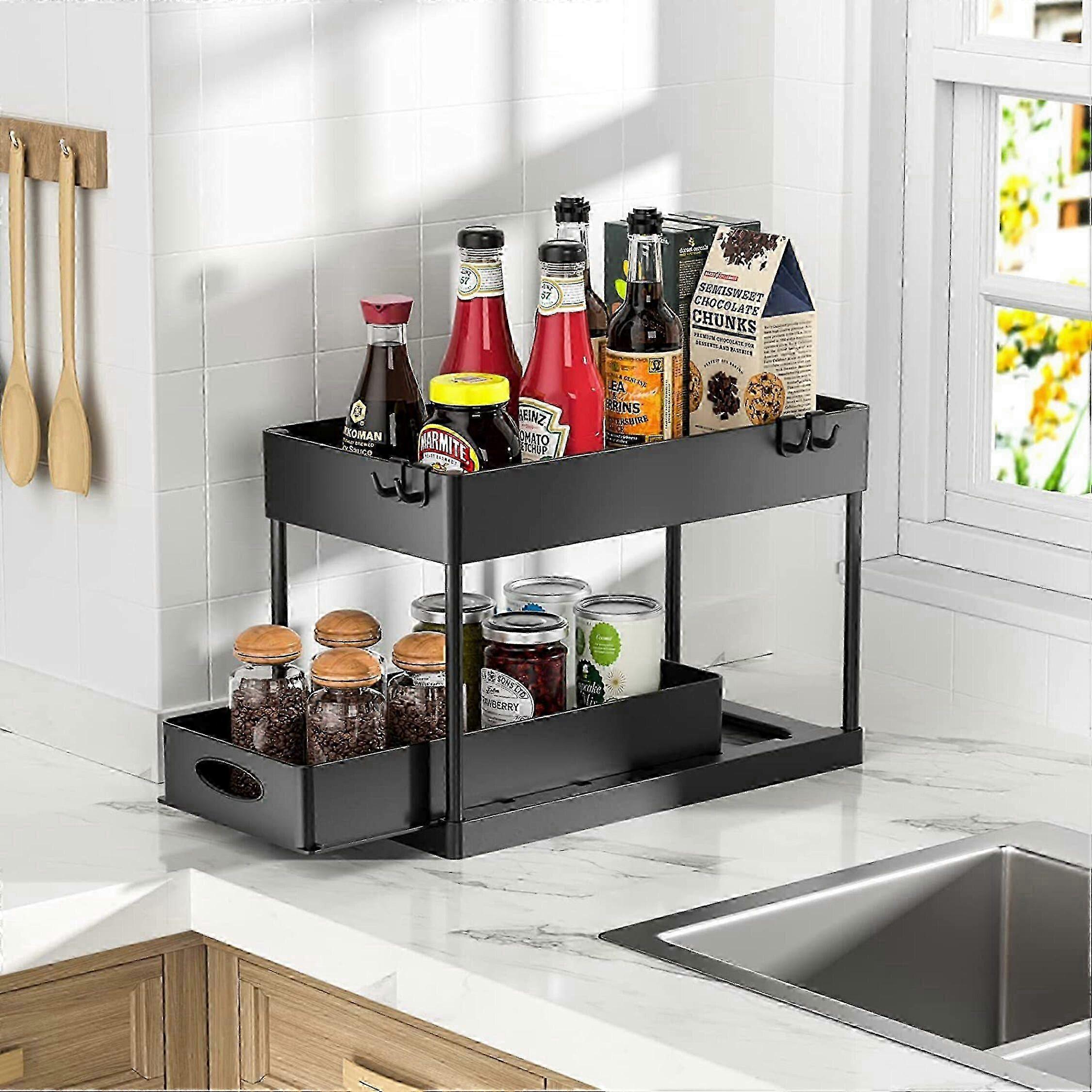 2025 Storage rack with hooks - black bottom pull-out ABS material