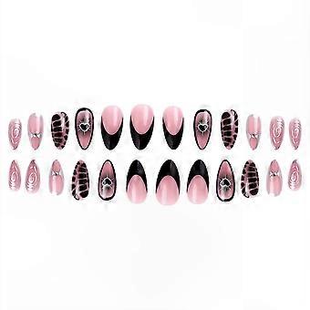 Fake Nails Black French Marble with Heart Design Detachable Dark Style