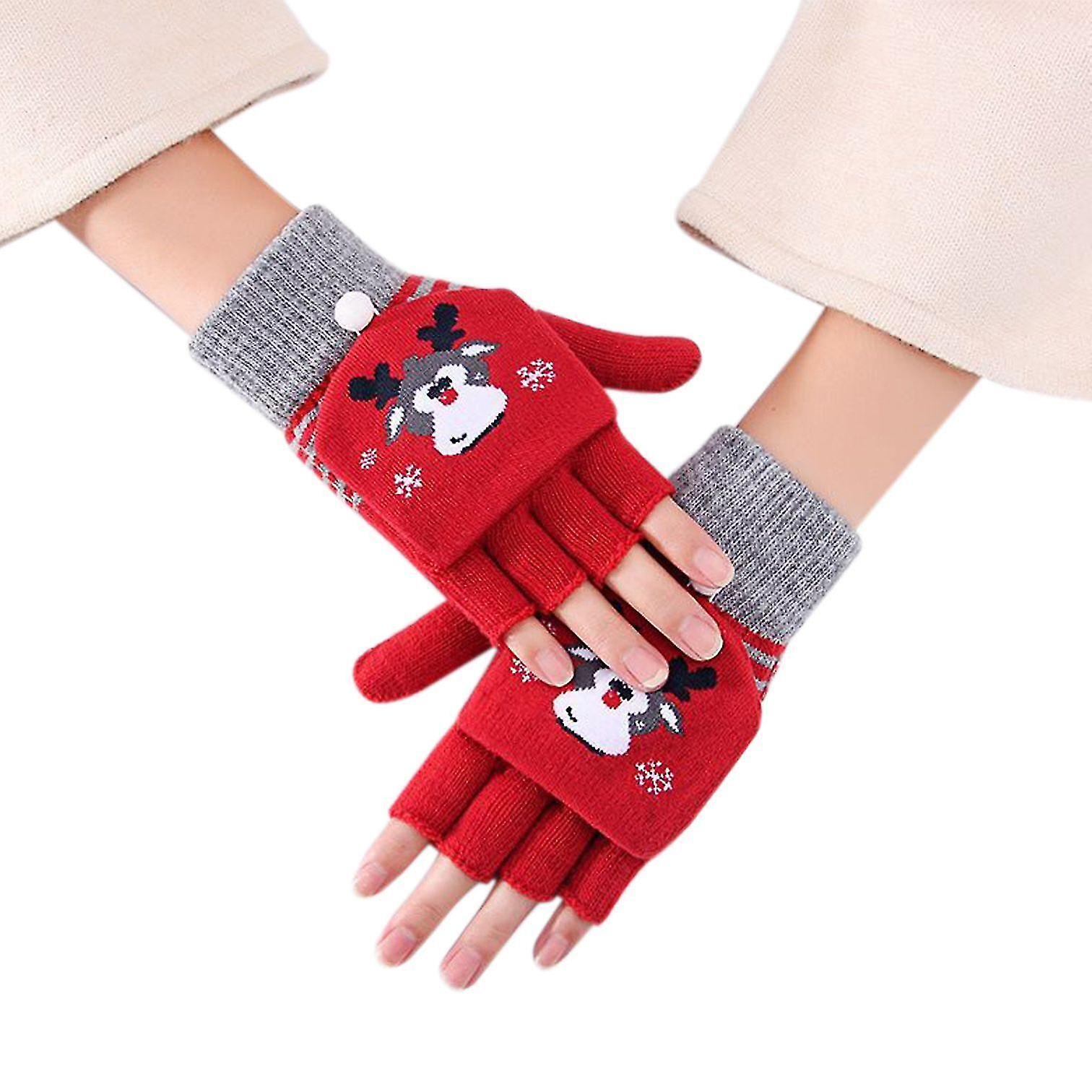 3 Pairs Of Winter Children's Half Finger Flip Gloves Cute Christmas Gloves Knitted Acrylic Fiber Gloves