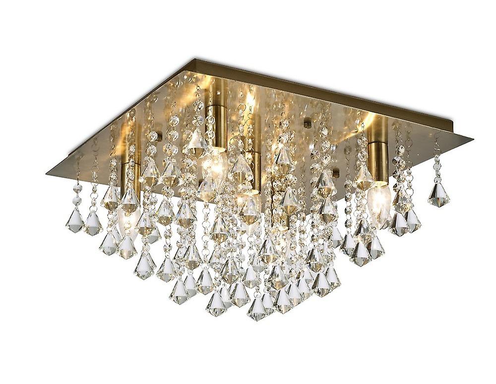 Acton Flush Ceiling 5 Light E14, 460mm Square, Antique Brass, Prism Crystal