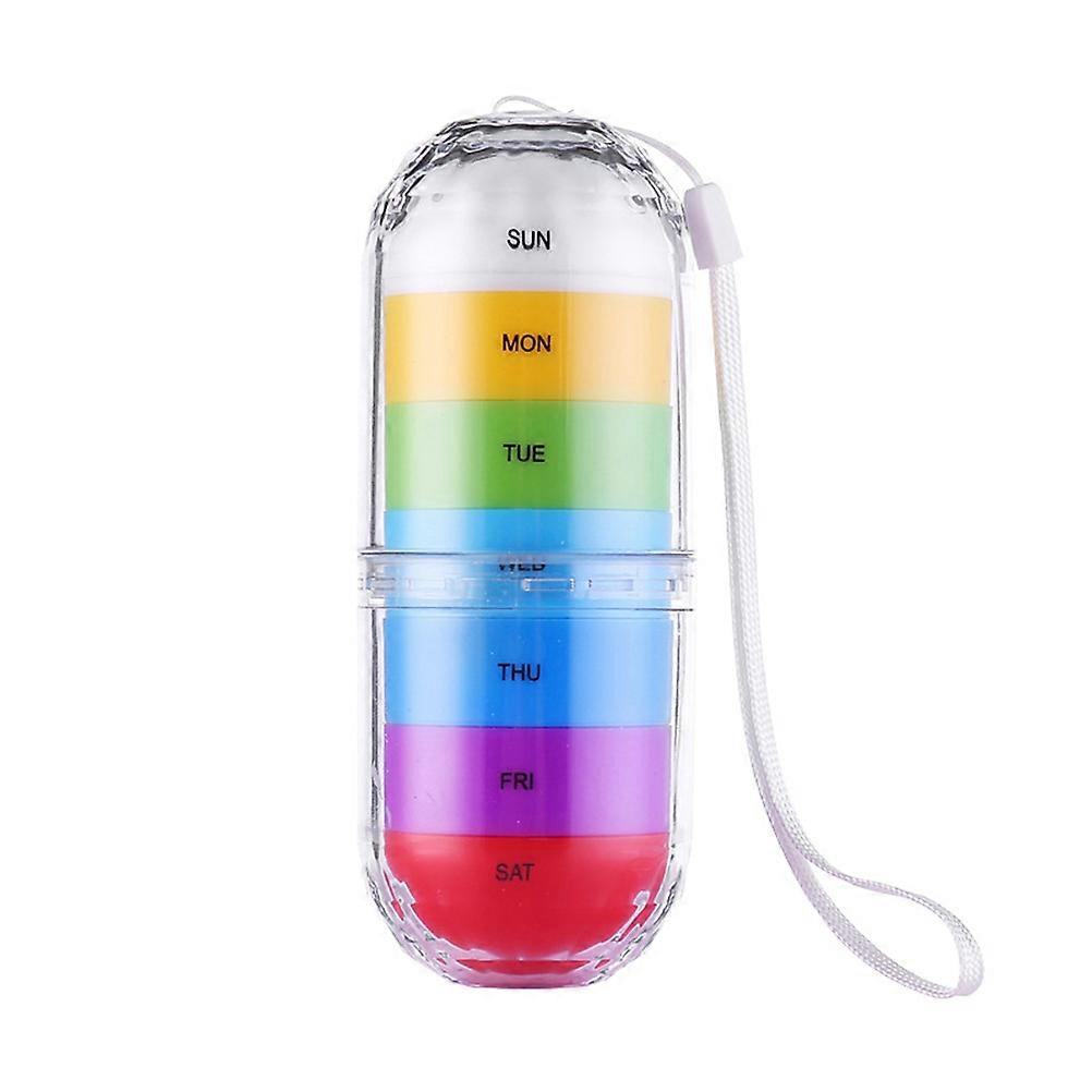 Capsule Shaped Pill Box, Compact 7-Day Pill Organizer With Rainbow Color, Portable Medicine Storage, Double Layer Waterproof Design, Food Grade PP