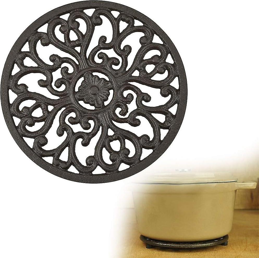 Decorative Cast Iron Trivet for Kitchen or Dining Table | Round with Vintage pattern - With rubber d