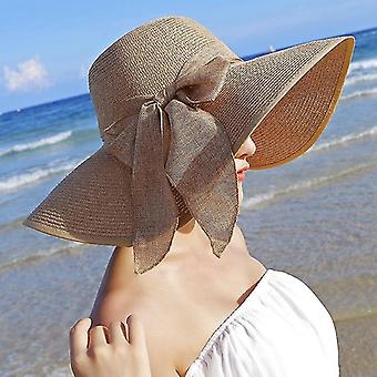 （Khaki Color）1 Packable Wide Brim Straw Hat for Women and Girls with Big Bow and UV Protection