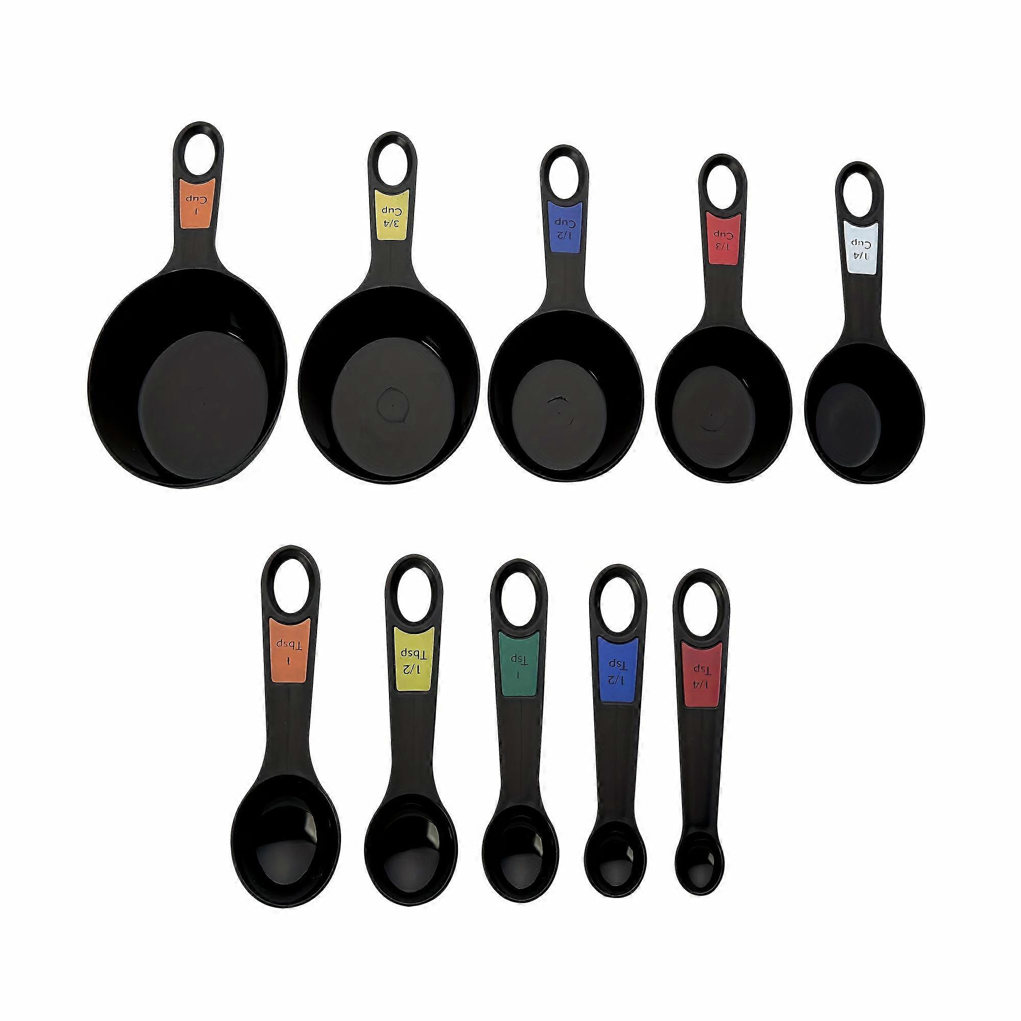 10-piece set of black measuring Cup and Spoons, made of plastic, convenient to use, dishwasher safe, suitable for various kitchens and cooking.