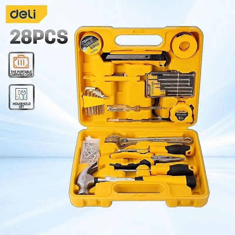 Háztartási kéziszerszámkészlet 28 db, hardverjavító szerszámkészlet kalapáccsal, mérőszalaggal, csavarhúzóval, állítható csavarkulcsfogóval