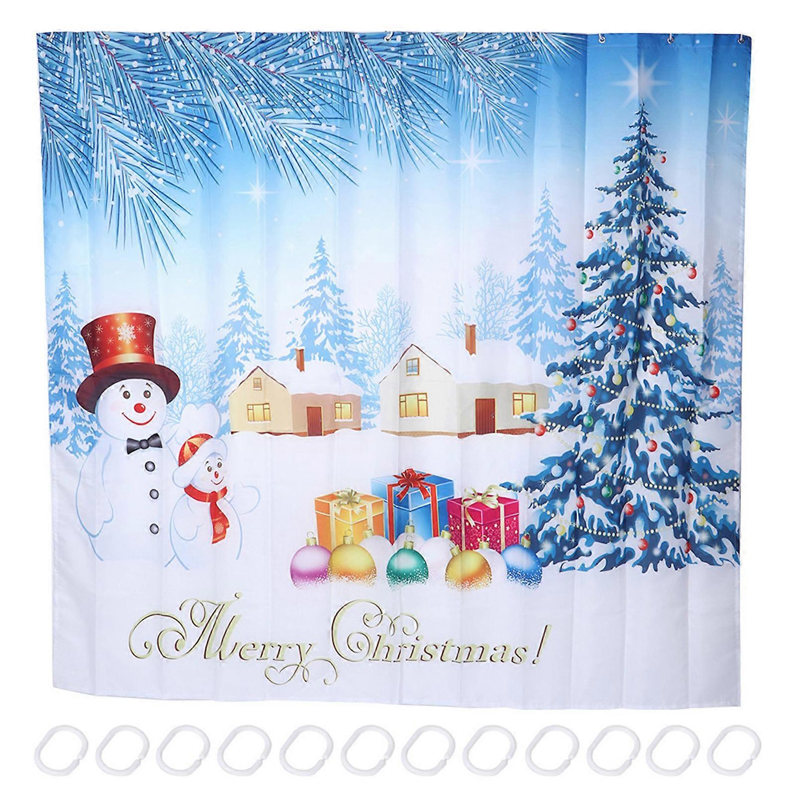 Christmas Themed Pattern Waterproof Bathroom Shower Curtain With Hanging Hooks