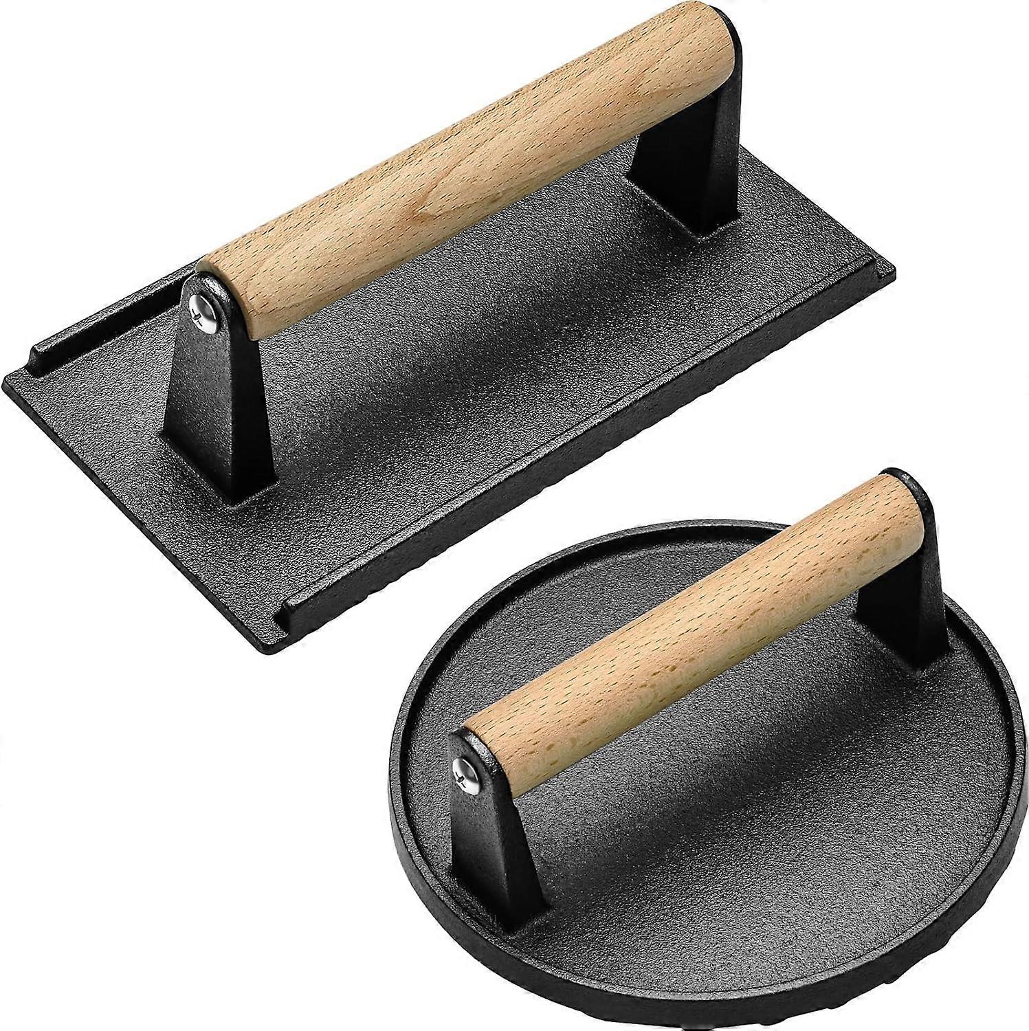 Burger Press Set of 2, Bacon Press Burger Smasher for Griddle, 7 Round Grill Press & 8 X 4.2 Rectangle Hamburger Press with Wood Handle, Heavy-Duty Ca