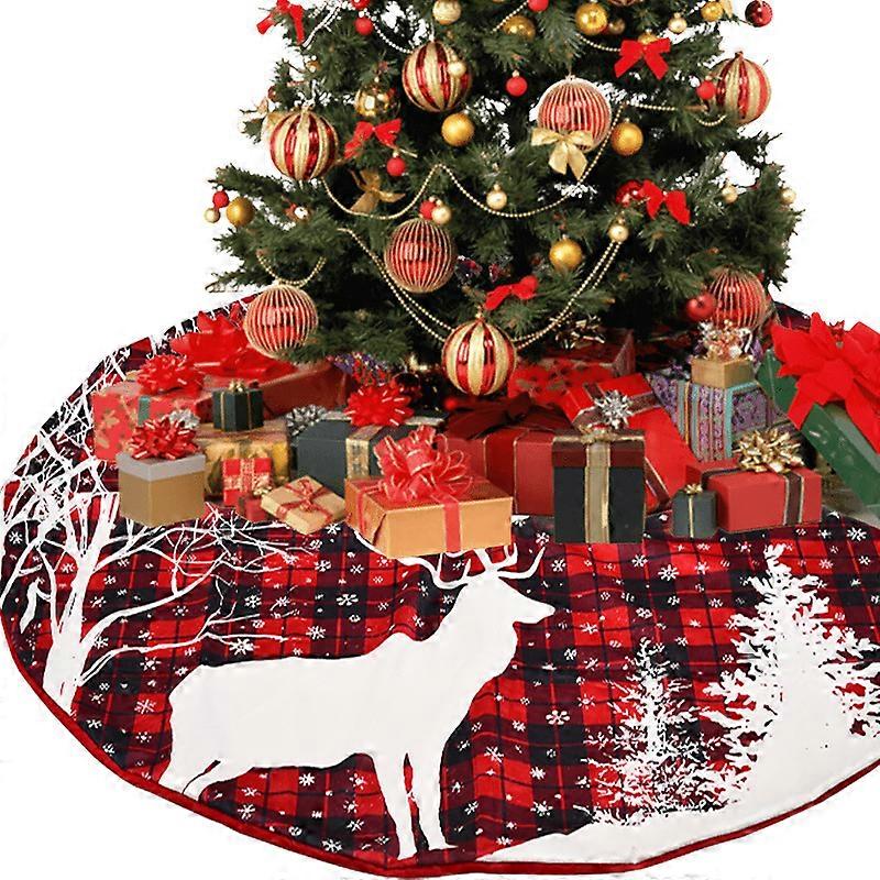 48 inch Christmas Tree Skirt Red and Black Buffalo Check Plaid Tree Skirt with Deer Snowflake Design Merry Christmas Xmas New Year