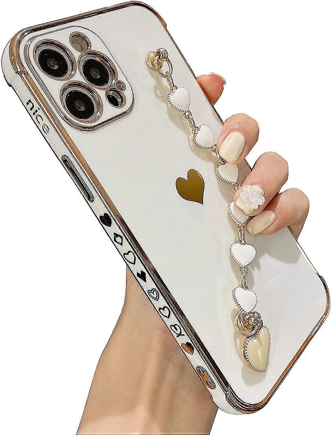 女性と女の子のためのかわいいiphone 13 pro maxケース、ブレスレットチェーン付きメッキゴールドグリッターカバーソフトフレキシブル光沢TPUバンパー(ホワイト)-MXBC