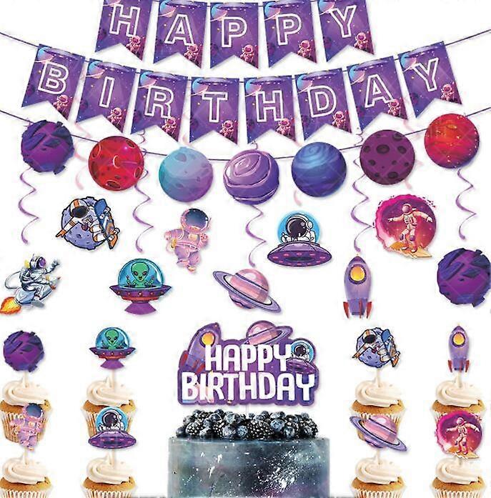 Space Theme Birthday Party Decoration Set Birthday Pull Flag Cake Insert
