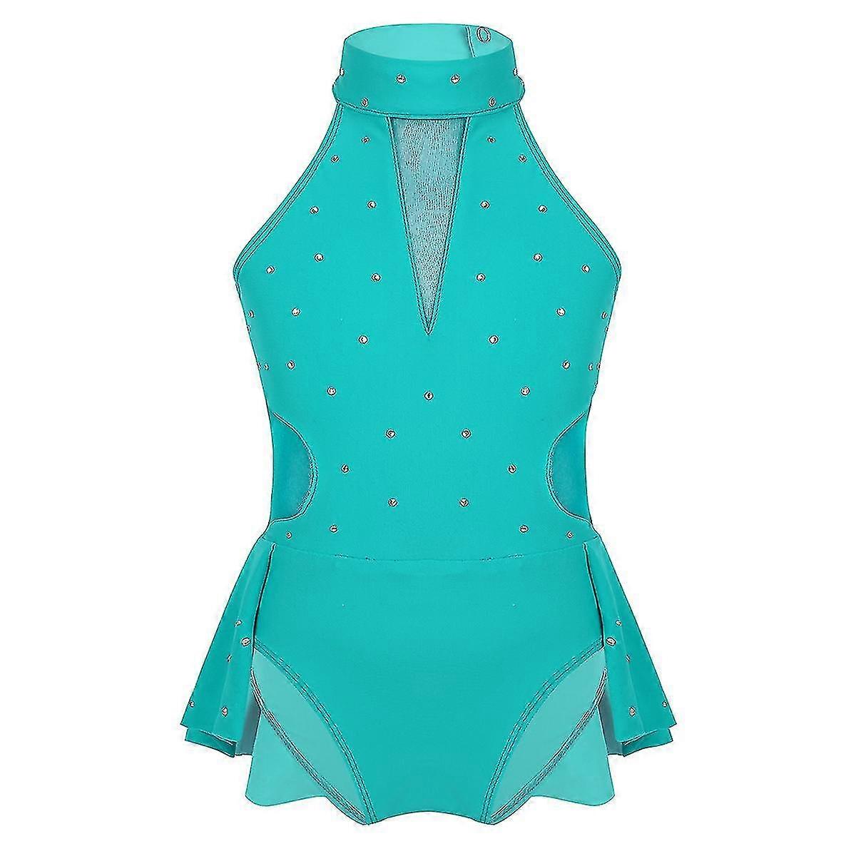 Sparkly Rhinestone Mesh Splice Ballet Gymnastics Leotard Girls Figure Skating Dress Kids Contemporary Rave Dance Costume