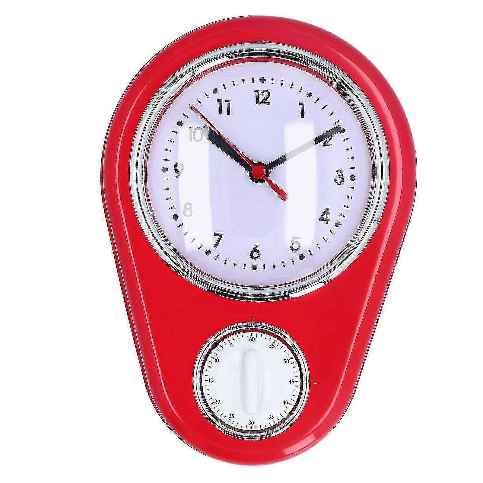 Retro Kitchen Timer Wall Clock, Multi-function Wall-mounted Silent Operation Quartz Clock 9 Inch Red