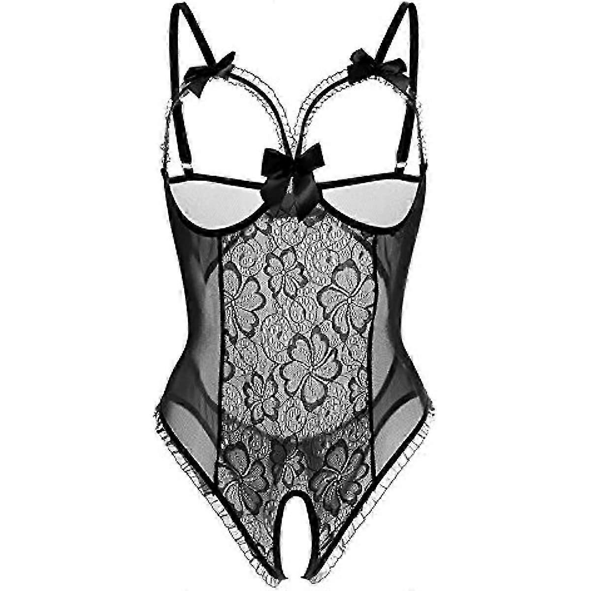 Bayan Açık Fincan Kasıksız Onesie Teddy Seksi İç Çamaşırı Dantel Gecelik Bir Boyut Siyah