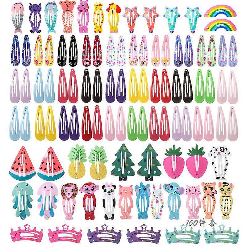 パーフェクトショートヘアクリップセット、100pcs漫画デザインのバレッタ、女の子の幼児の赤ちゃんのための耐久性のある品質の金属クリップ、滑り止めスナップヘアボウ