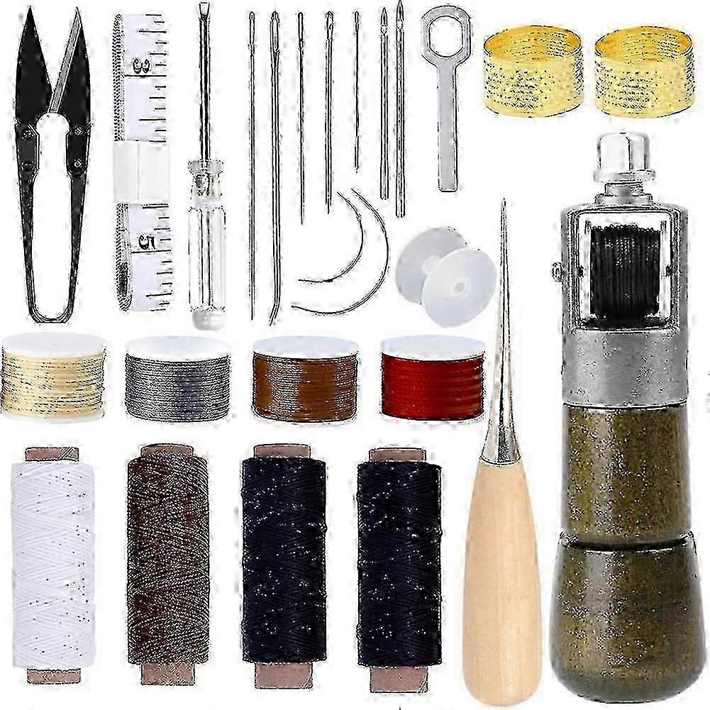 Leather Sewing Kit,Straight Bent Needles Rolls Waxed Threads Small Screwdriver Yarn ScissorsNeedle Threader Tape Measure