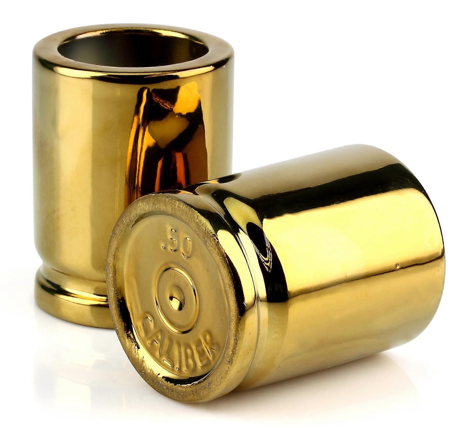 50 Caliber Shot Glasses - Set of 2, Durable Gold Finish, Unique Design for Gun Enthusiasts