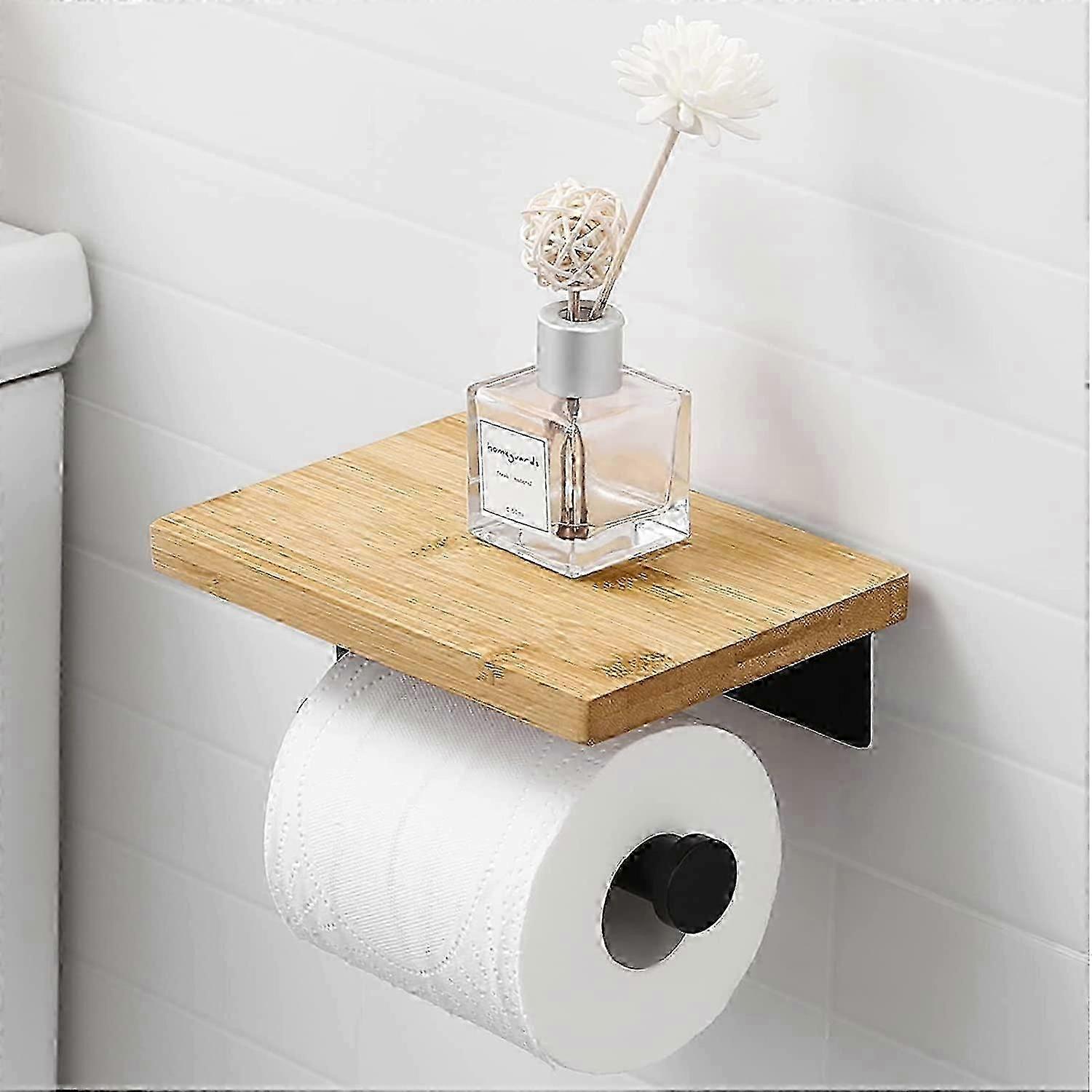 Black Adhesive Toilet Paper Holder With Bamboo Shelf Roll Holder Wall Mounted No Drilling Stainless Steel Toilet Paper Holder -New SZJR