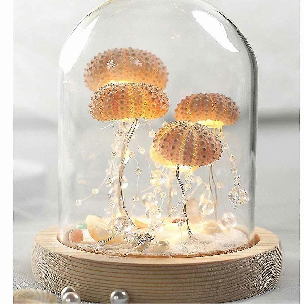 Sea Shell Night Light Handcrafted Jellyfish Lamp with LED Bulb, Sea Urchin Shells Home Decor for Women