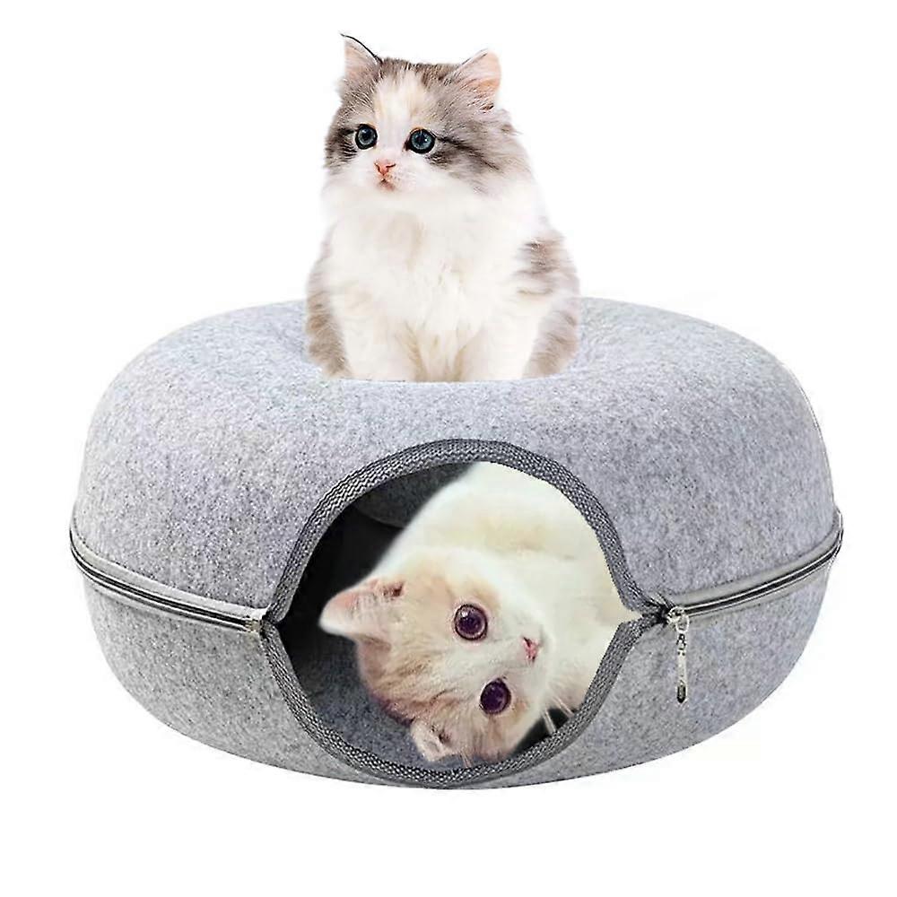 Large Cat Donut Cave Bed, Light Grey Cat Tunnel for Indoor Cats, Scratch Resistant, Supports Up to 30 Lbs, Medium Size