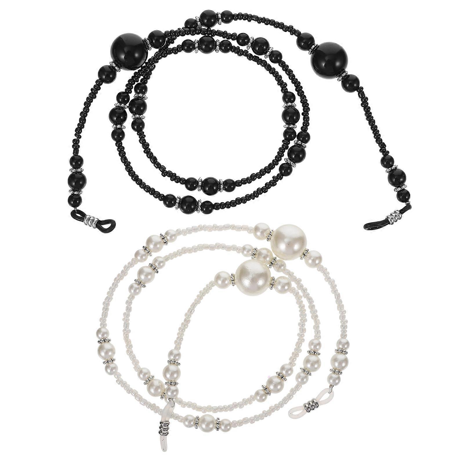 2 قطعة حبال معلقة من اللؤلؤ مطرز نظارات حبل طويلة أسود أبيض