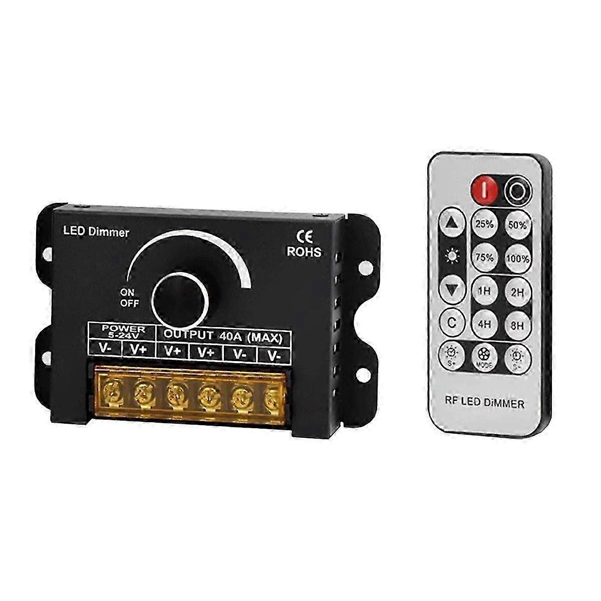 12v LED Dimmer Switch with RF Remote Control &Timer Function, DC 5-24V 40A Aluminum Housing PWM Dimm