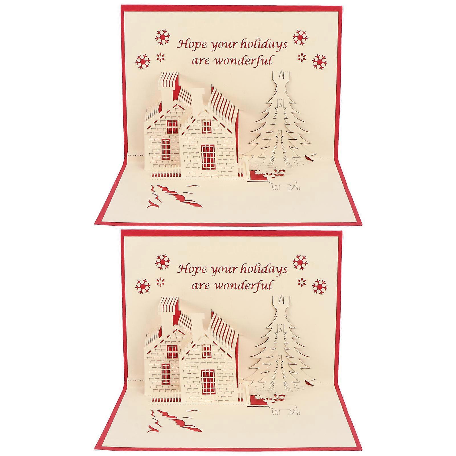 Carved Greeting Christmas Card 3D Hollow-Out Castle Multi Color 17.2X12.6cm Wishes Expression 2Pcs