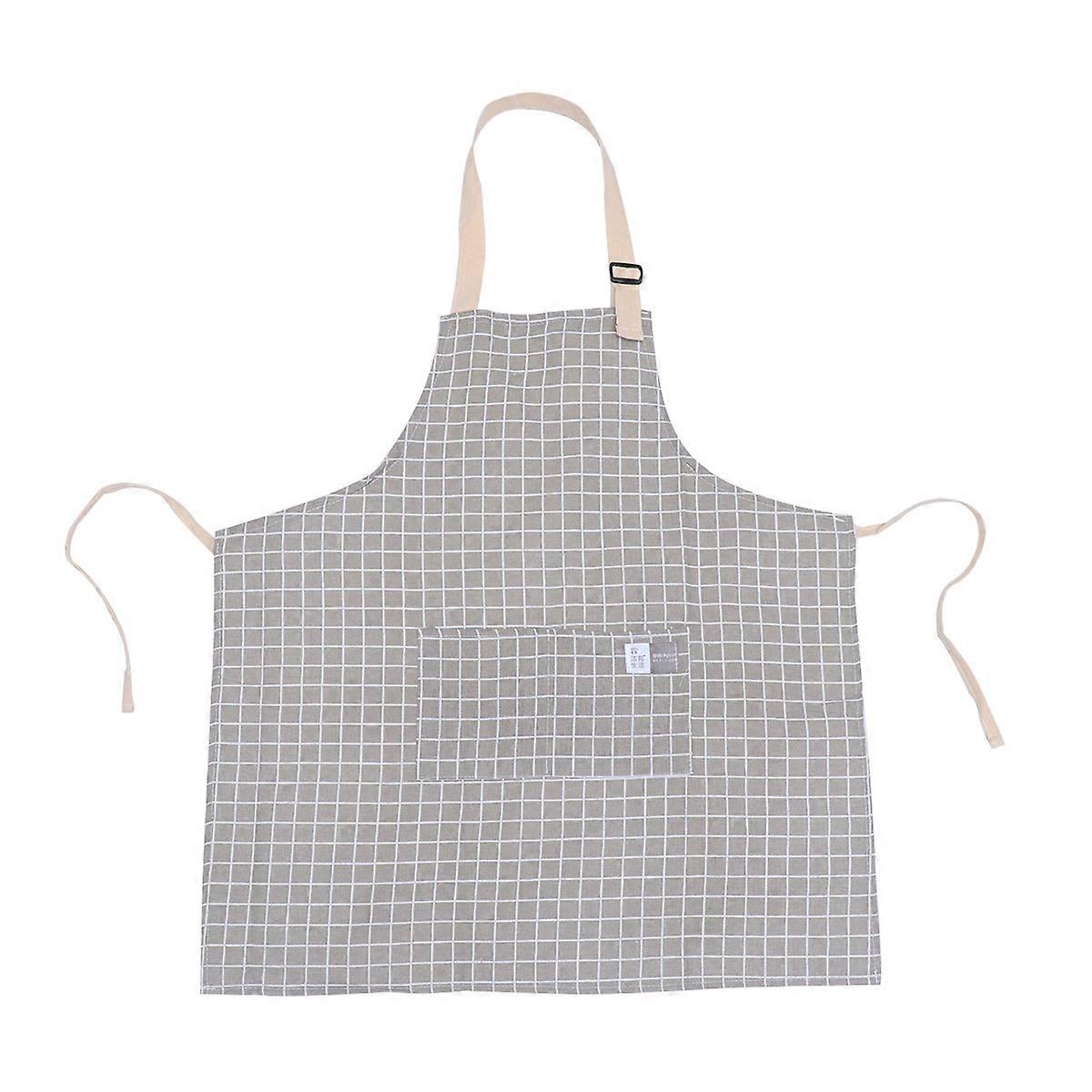 Cotton and Linen Checkered Apron for Cooking with Pockets Unisex Grey Halter Neck Protective Kitchen Coordination 1Pack