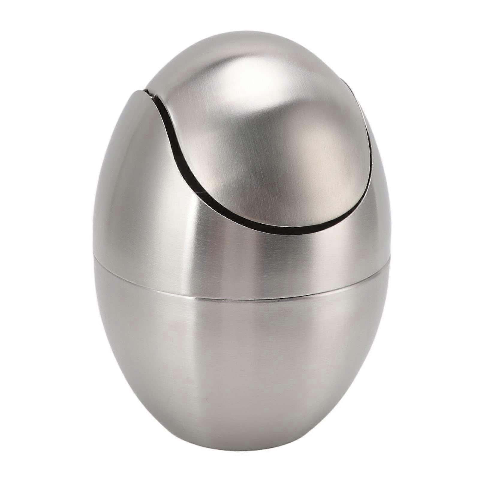 Mini Desktop Bin Stainless Steel Swing Lid Egg Shaped Waste Basket Space Saving Metal Trash Can for Office Kitchen Silver