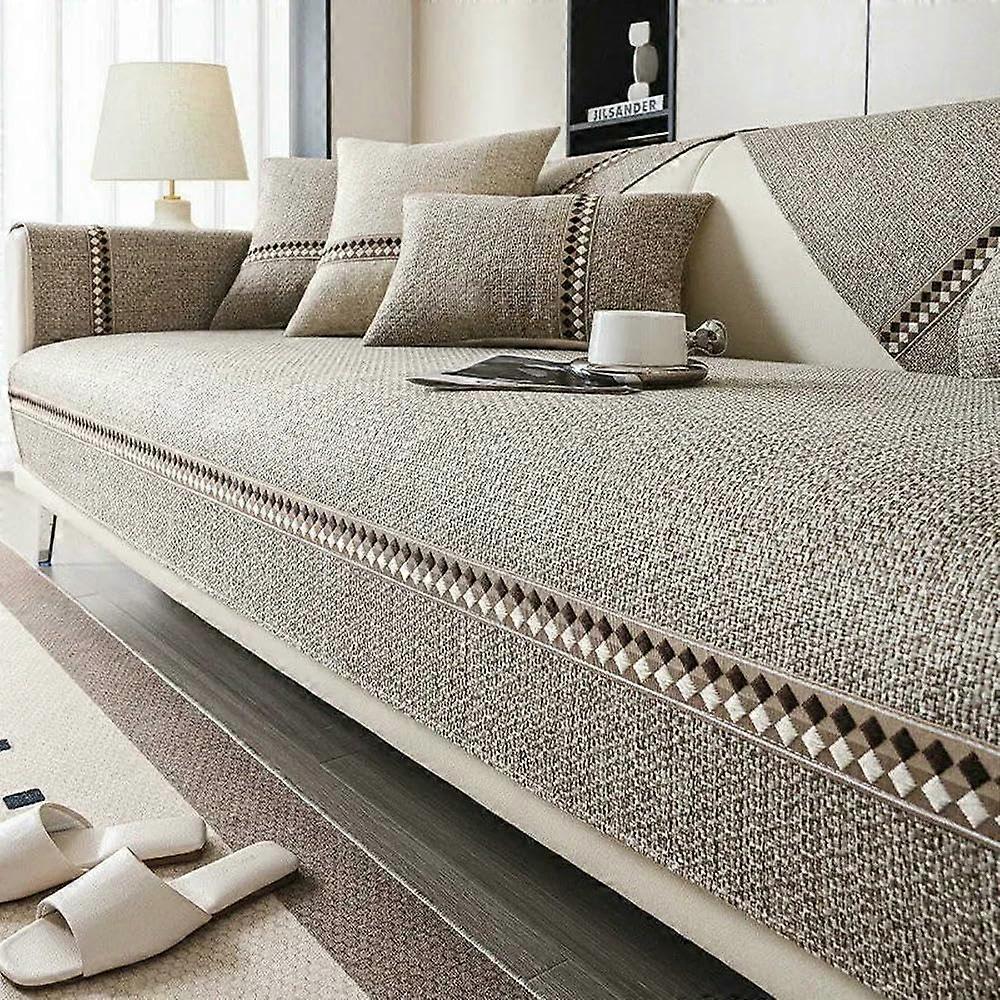Sofa cover cotton linen, universal protector, solid color, nonslip A2 Khaki 110x210cm