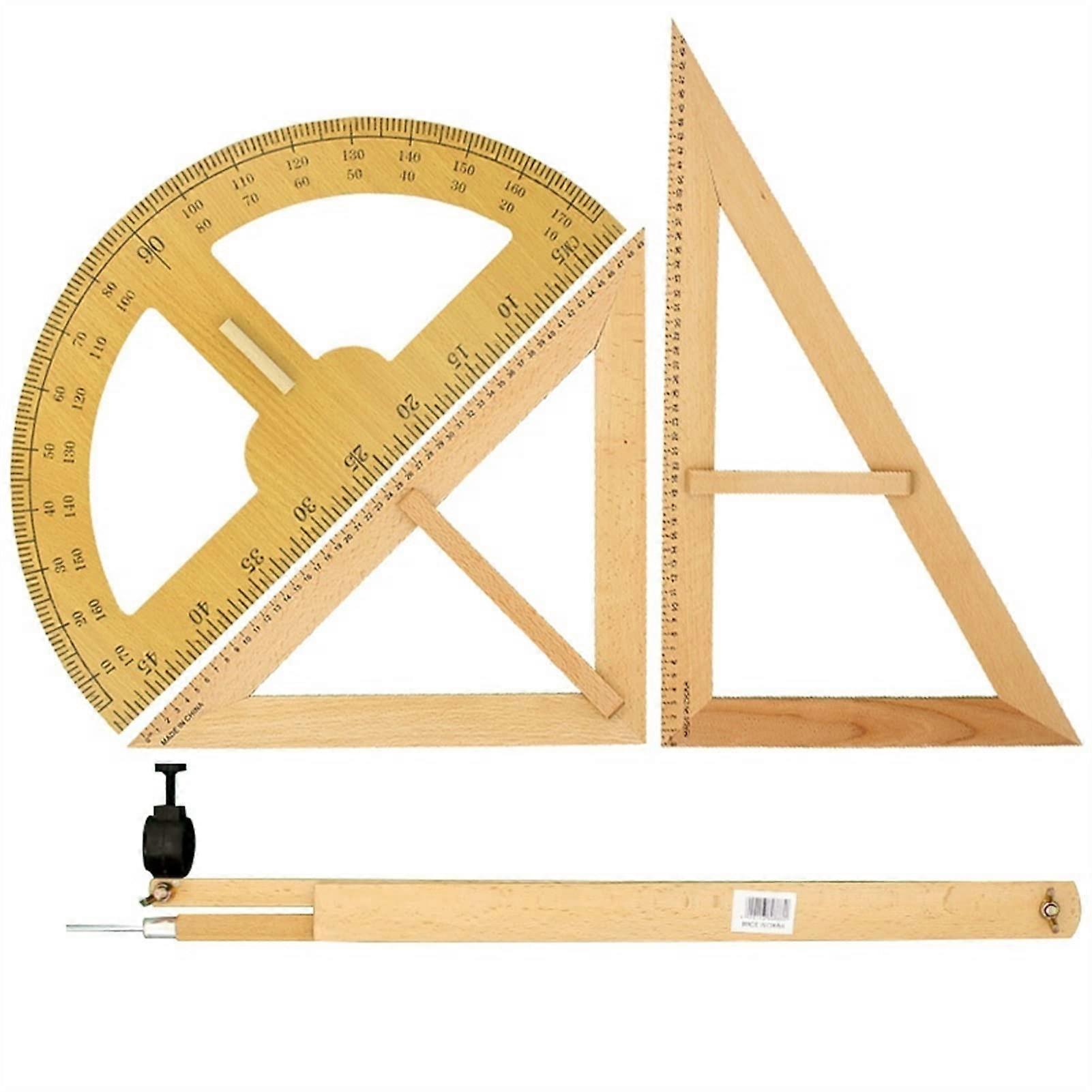 Protractor Circle Measure Set Triangle Ruler for Teachers Solid Wood 50cm