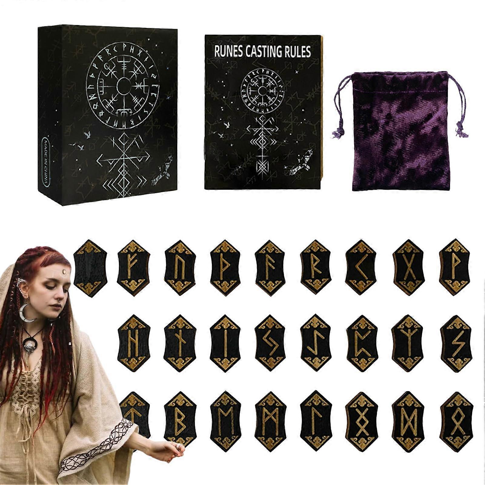 Runes Set, Divination Wooden Rune Stones with Guide and Storage Bag