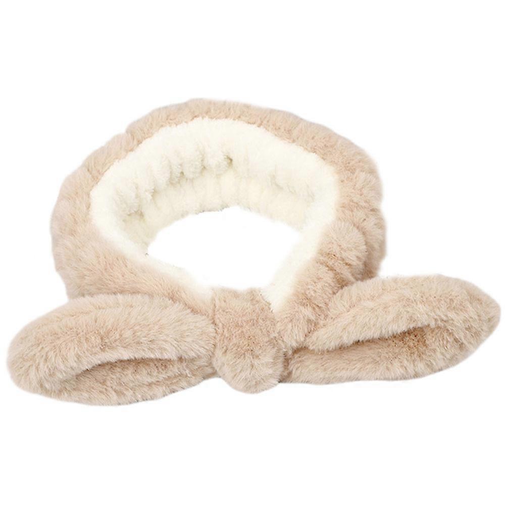 Soft Reusable Rabbit Ear Hairband for Skincare, Makeup & Spa – Elastic Plush Cosmetic Hair Hoop with Bow, Camel Color