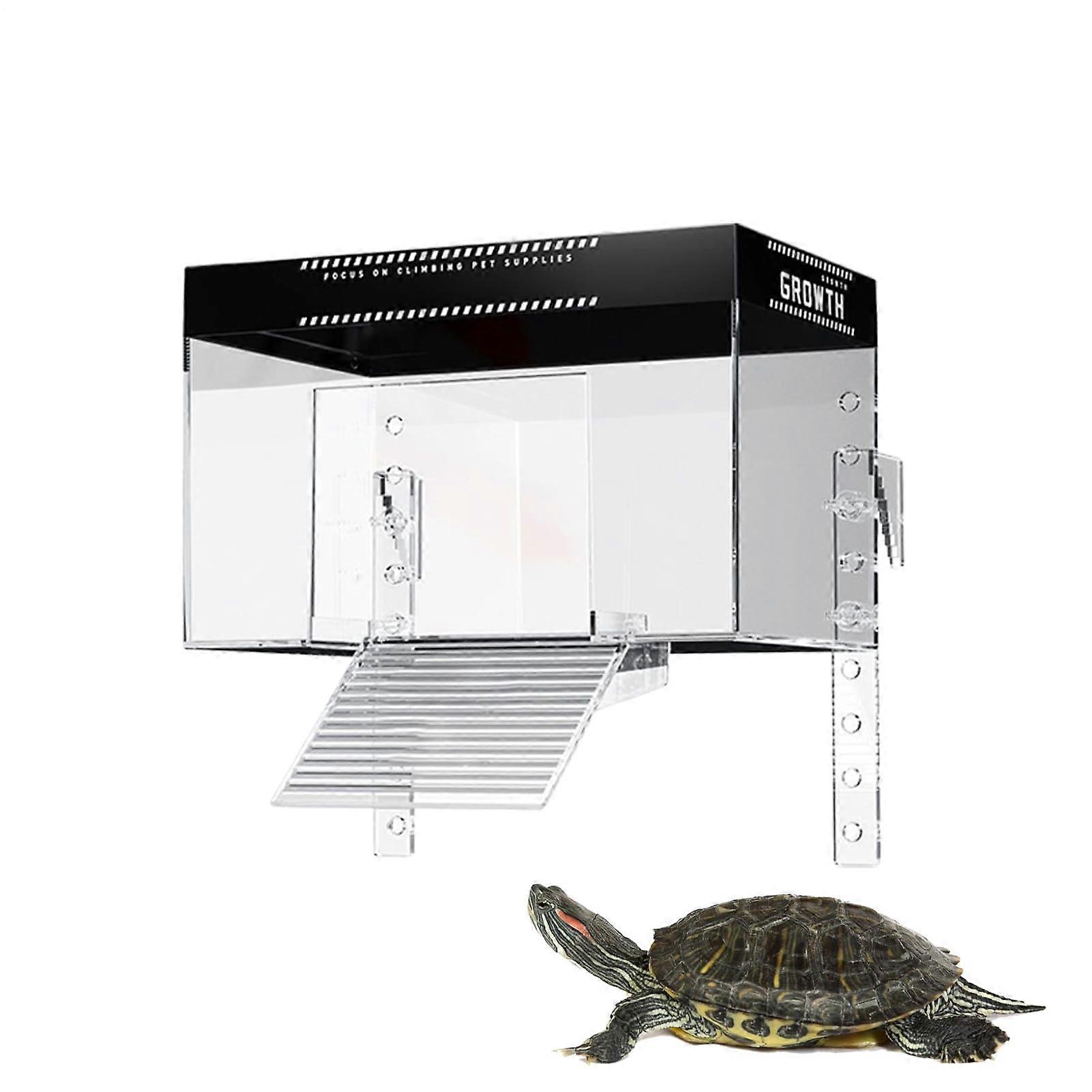 Turtle tank with lid, basking area above – reptile resting land, aquatic terrapin enclosure.