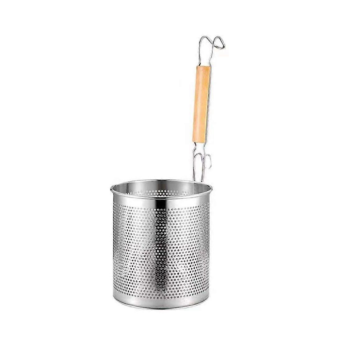 StainlSteel Noodle Food Strainer with Hook and Wooden Handle Strainer Basket for Dumpling Udon Vegetables Pasta