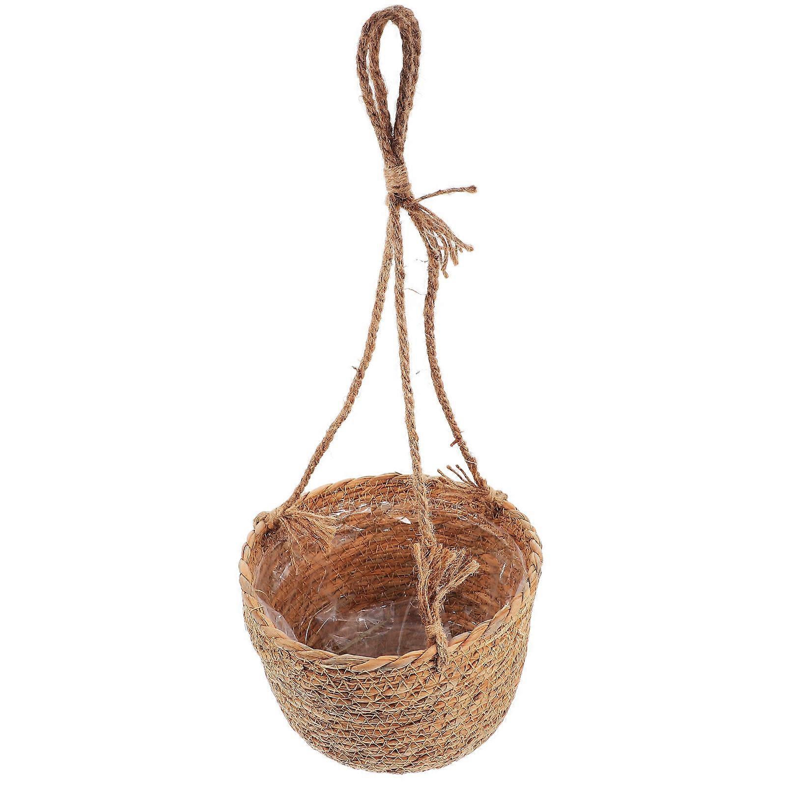 Woven Planter Basket for Indoor Outdoor Use Khaki Color Crafted with Grass Jute and Paper Rope 20cm Mouth Width