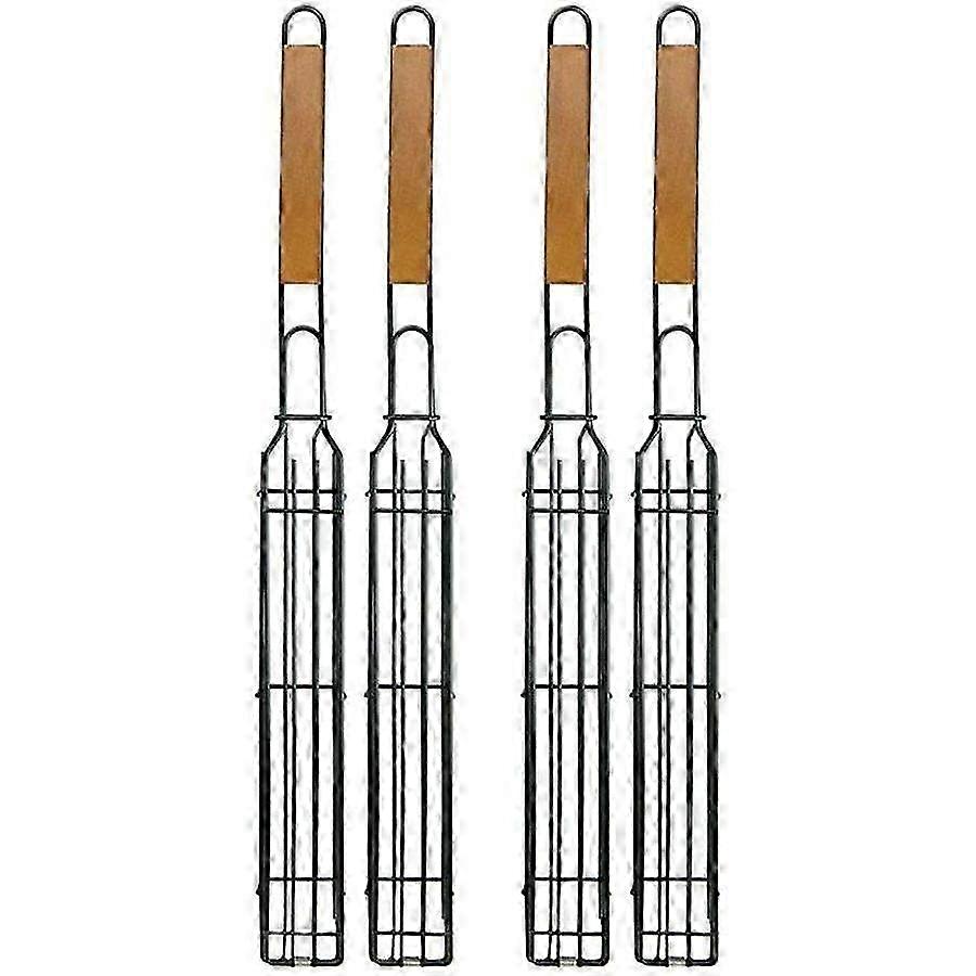 طقم سلال شواء غير لاصقة - 4 قطع أسياخ كباب وكباب مربعة بمقبض خشبي لتحميص الخضار والنقانق واللحوم