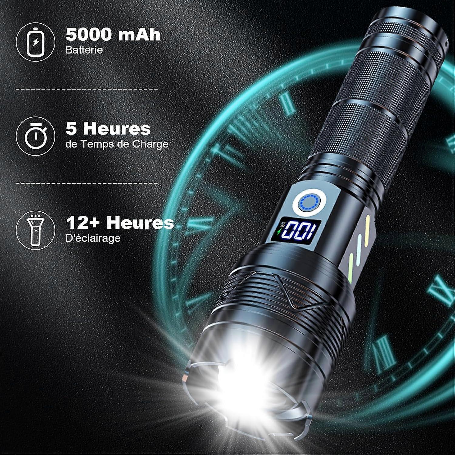 5000mAh battery  5 zoom modes 500  IP67 waterproof 000 lumen tactical flashlight